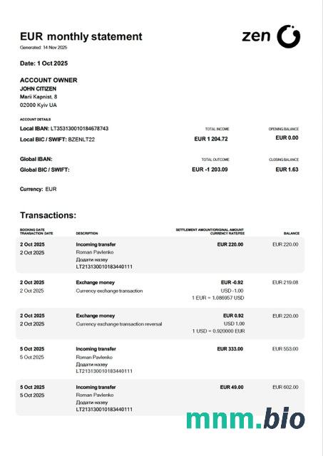 Szablon wyciągu bankowego Ukreximbank w programie Word i PDF